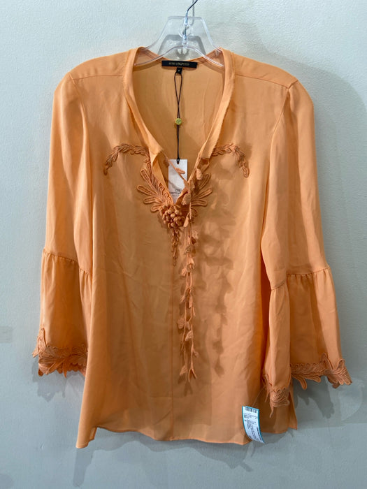 Kobi Halperin Size S Orange Silk Floral Detail Round Split Neck Bell Sleeves Top