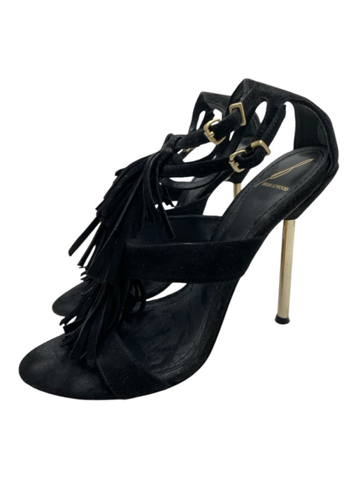 Brian Atwood Shoe Size 7.5 Black Leather Stiletto Fringe Gold Trim Sandals Black / 7.5