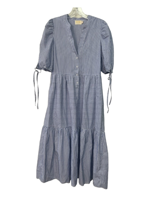 Nation Size S Blue & White Cotton Half Button Short Sleeve Striped Midi Dress Blue & White / S