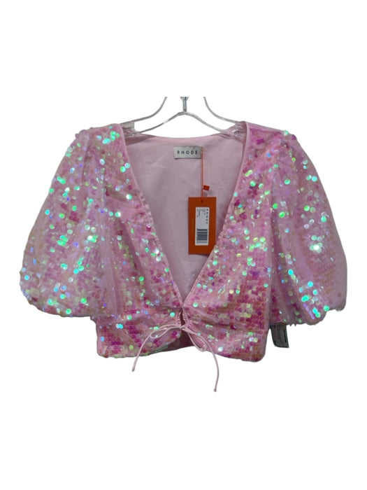 Rhode Size 6 Pink Polyester Short Sleeve Tie Crop Iridescent Top Pink / 6