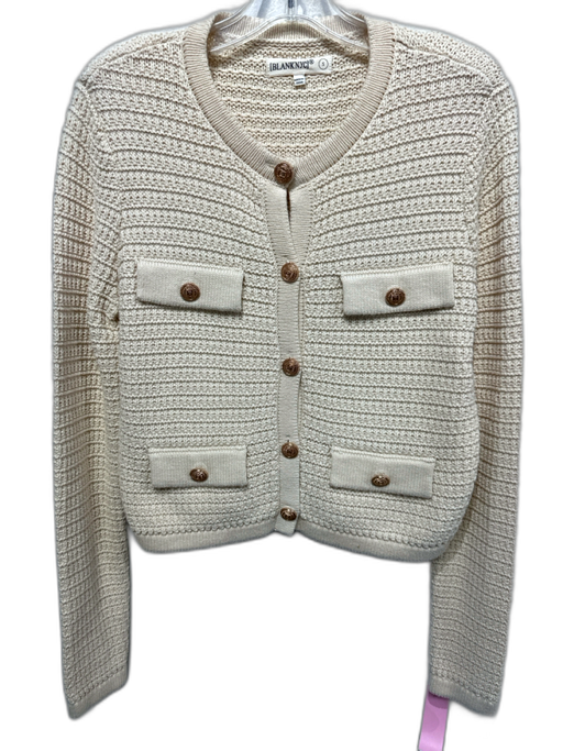 BlankNYC Size S Cream White Cotton & Acrylic Gold Buttons Breast Pocket Cardigan Cream White / S