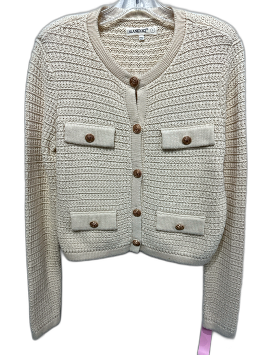 BlankNYC Size S Cream White Cotton & Acrylic Gold Buttons Breast Pocket Cardigan Cream White / S