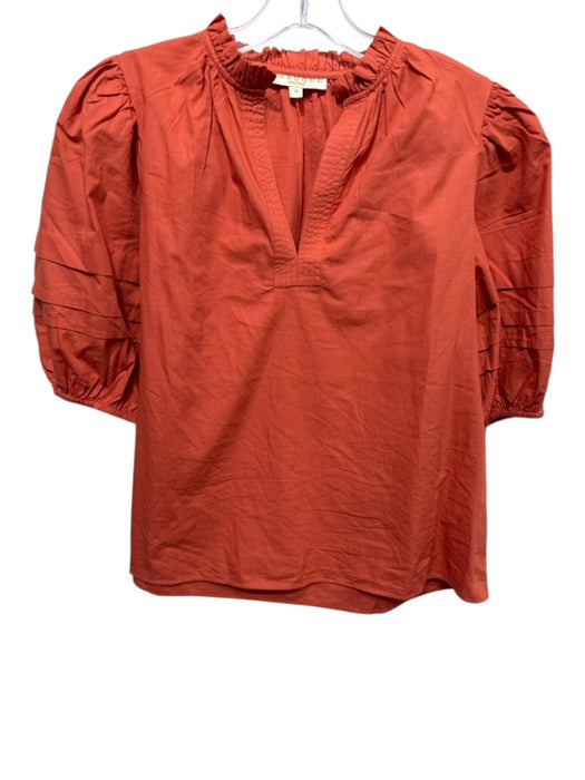 LaRoque Size S Orange Cotton Split V neckline Ruffle Puff Sleeve Top Orange / S