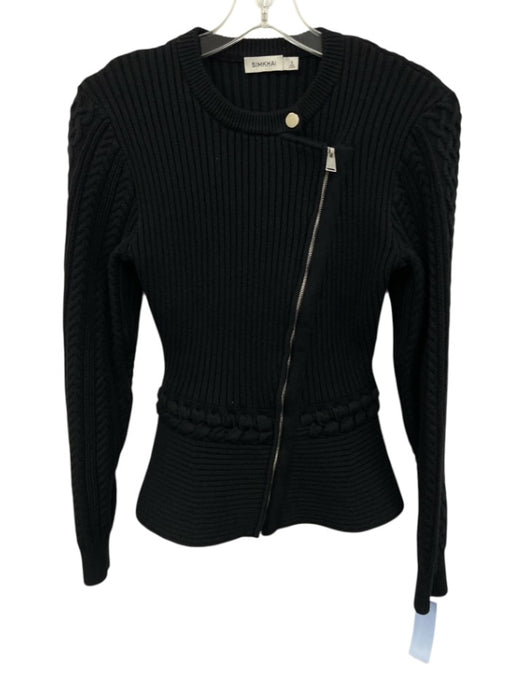 Simkhai Size S Black Cotton & Wool Blend Ribbed mixed knit Zip Peplum Jacket Black / S