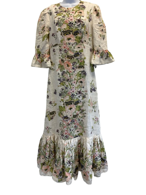 Zimmermann Size 1 Pink, Purple, Green Linen Short Puff Sleeve Floral Maxi Dress Pink, Purple, Green / 1