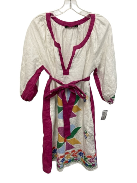 Greek Archaic Kori Size XS White, Pink, Green Linen Half Puff Sleeve Tunic Dress White, Pink, Green / XS