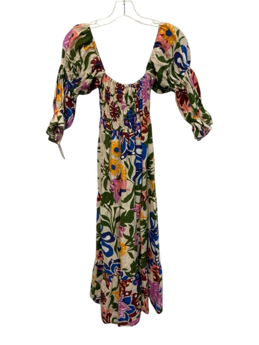 Misa Size Small Blue, Pink, Green Linen Half Puff Sleeve Floral Tiered Dress Blue, Pink, Green / Small