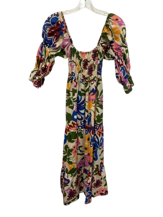 Misa Size Small Blue, Pink, Green Linen Half Puff Sleeve Floral Tiered Dress Blue, Pink, Green / Small