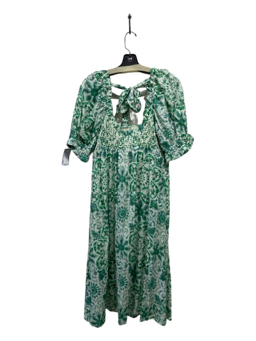 By Anthropologie Size S Green & White Modal Smocked Floral Button Detail Dress Green & White / S