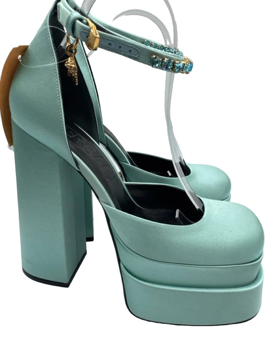 Versace Shoe Size 39.5 Seafoam Green Satin Leather Rhinestone Square Toe Pumps