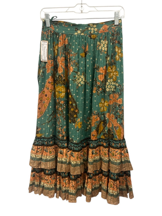 Ulla Johnson Size 0 Teal Green, Peach Orange Cotton Blend Floral Abstract Skirt Teal Green, Peach Orange / 0