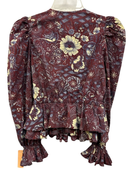 Ulla Johnson Size 0 Burgundy Red & Blue Cotton V Neck Peplum Ruffle Top Burgundy Red & Blue / 0