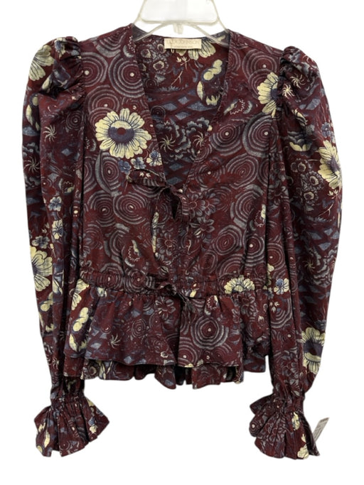 Ulla Johnson Size 0 Burgundy Red & Blue Cotton V Neck Peplum Ruffle Top Burgundy Red & Blue / 0