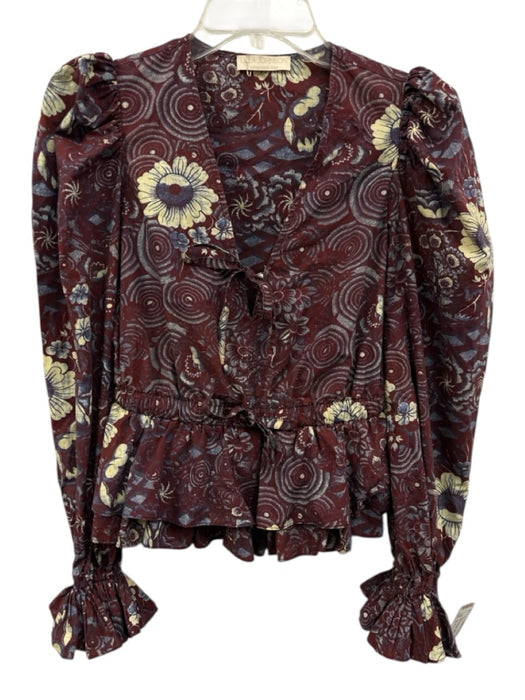 Ulla Johnson Size 0 Burgundy Red & Blue Cotton V Neck Peplum Ruffle Top Burgundy Red & Blue / 0