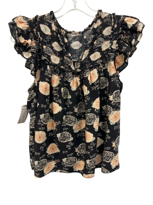 Ulla Johnson Size 2 Black, White, Peach Cotton Floral Ruffle Cap Sleeve Top Black, White, Peach / 2