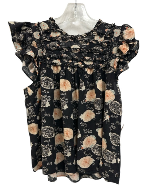 Ulla Johnson Size 2 Black, White, Peach Cotton Floral Ruffle Cap Sleeve Top Black, White, Peach / 2