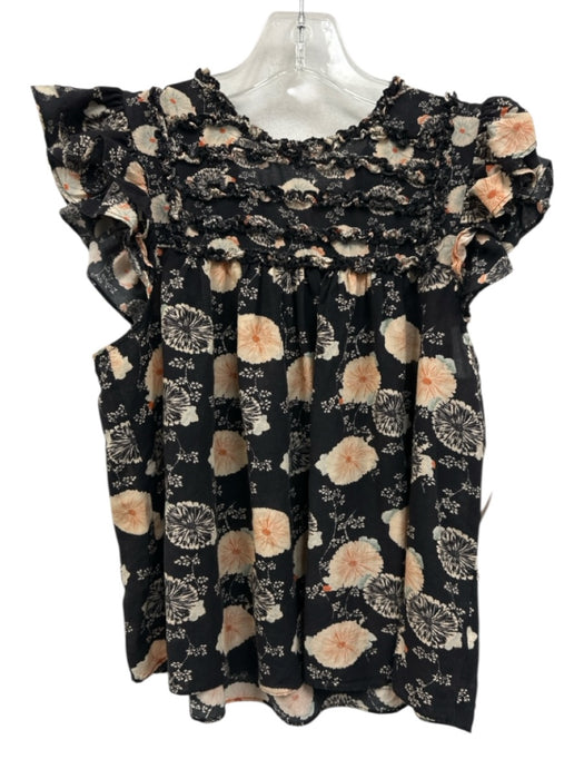 Ulla Johnson Size 2 Black, White, Peach Cotton Floral Ruffle Cap Sleeve Top Black, White, Peach / 2
