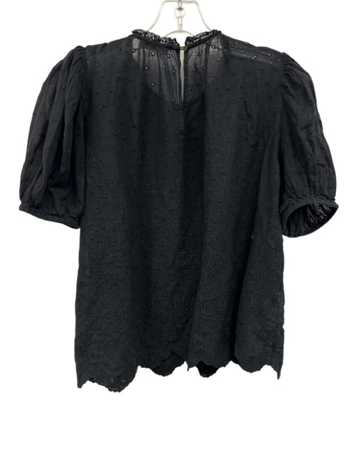 Ulla Johnson Size 4 Black Cotton Eyelet Scalloped Short Sleeve Embroidered Top Black / 4