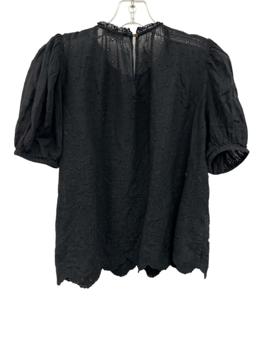 Ulla Johnson Size 4 Black Cotton Eyelet Scalloped Short Sleeve Embroidered Top Black / 4