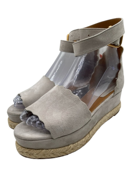 Chloe Shoe Size 37 Gray & Tan Suede Raffia Base Platform Scallop Detail Sandals Gray & Tan / 37