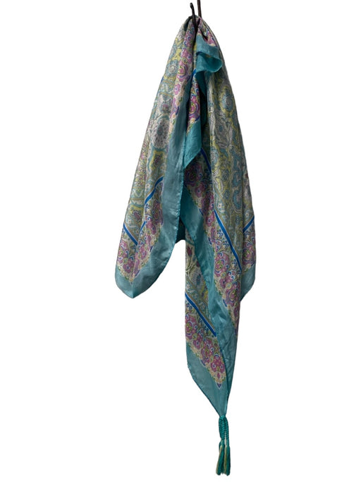 Johnny Was Teal & Multi Silk Abstract Square Tassels scarf Teal & Multi / Large