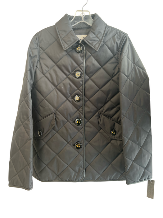 Coach Size M Black Polyester Lamb Leather Trim Diamond Quilt Button Up Coat Black / M