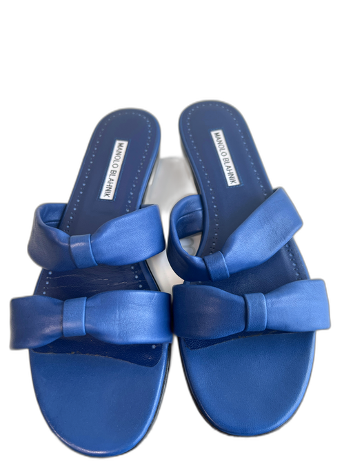 Manolo Blahnik Shoe Size 9 Blue Leather Double Strap Knot Detail Flat Shoes Blue / 9