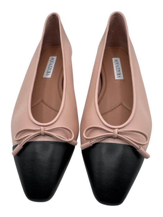 Aquazzura Shoe Size 37.5 Pink & Black Nappa Leather Cap Toe Bow Detail Flats Pink & Black / 37.5