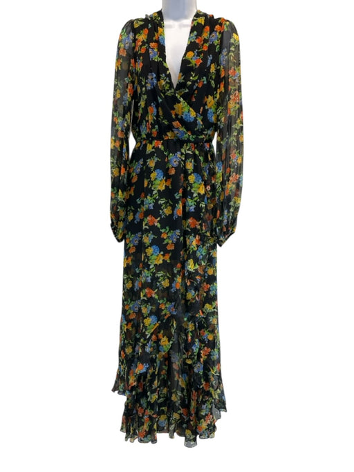 Caroline Constas Size M Black & Multi Silk Floral Long Balloon Sleeve Dress Black & Multi / M