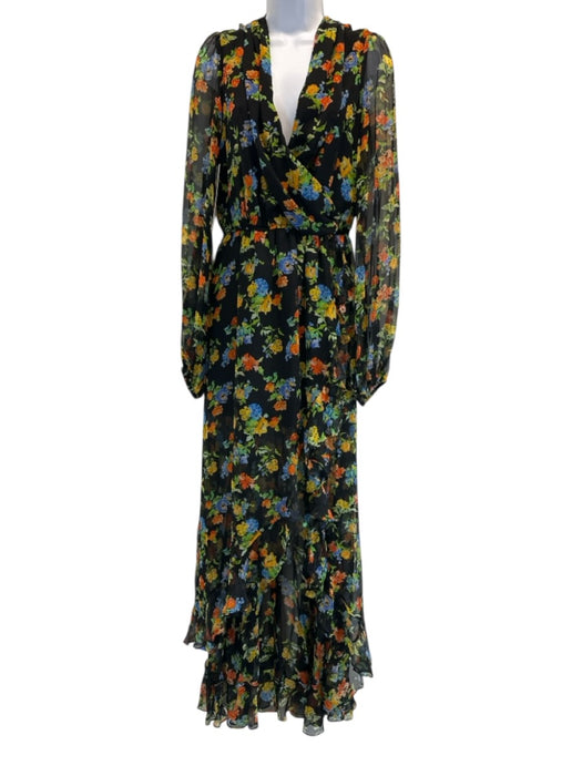 Caroline Constas Size M Black & Multi Silk Floral Long Balloon Sleeve Dress Black & Multi / M