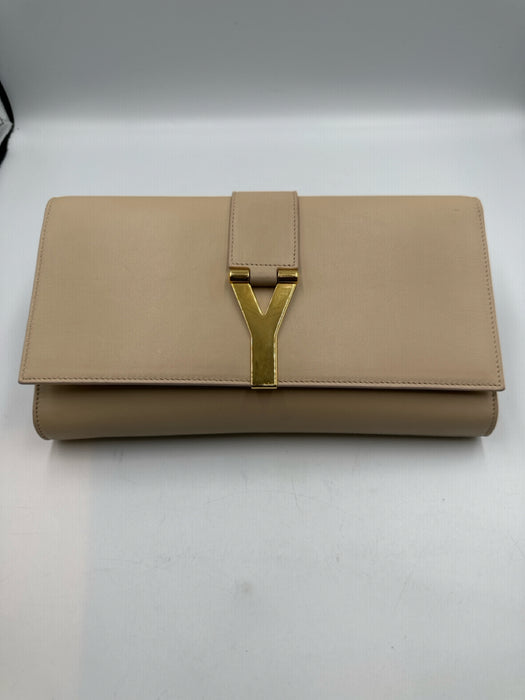 Yves Saint Laurent Beige Leather Magnetic Flap Gold Logo Clutch Bag
