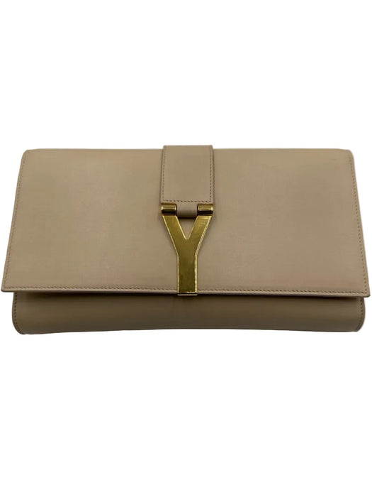 Yves Saint Laurent Beige Leather Magnetic Flap Gold Logo Clutch Bag