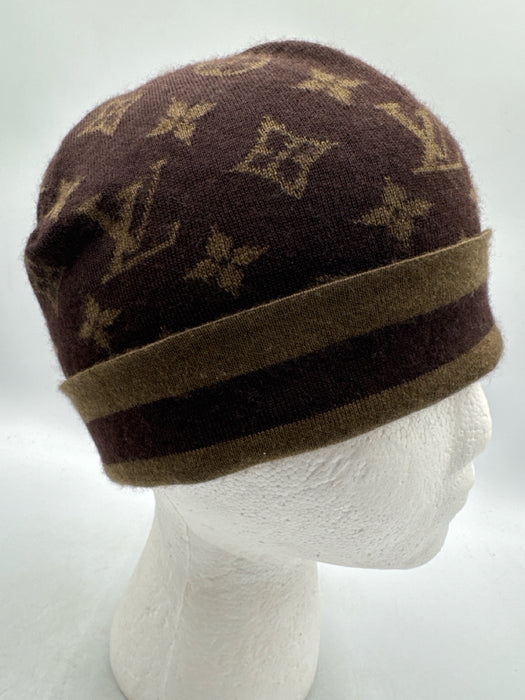 Louis Vuitton Brown and gold Cashmere & Silk Beanie Monogram Foldover Hat