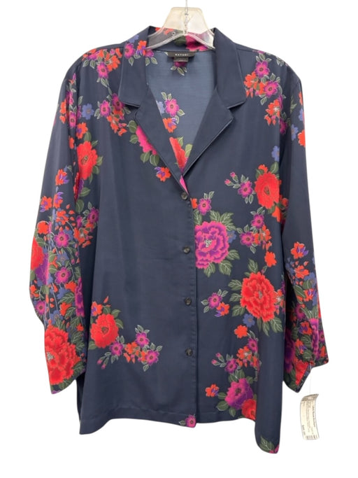 Natori Size L Navy Blue, Red & Purple Polyester Floral Long Sleeve Pant Set Navy Blue, Red & Purple / L