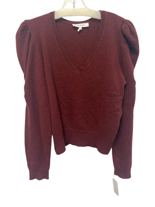 Frame Size S Burgundy Red Cashmere Puff Shoulder Ruched Detail V Neck Sweater Burgundy Red / S