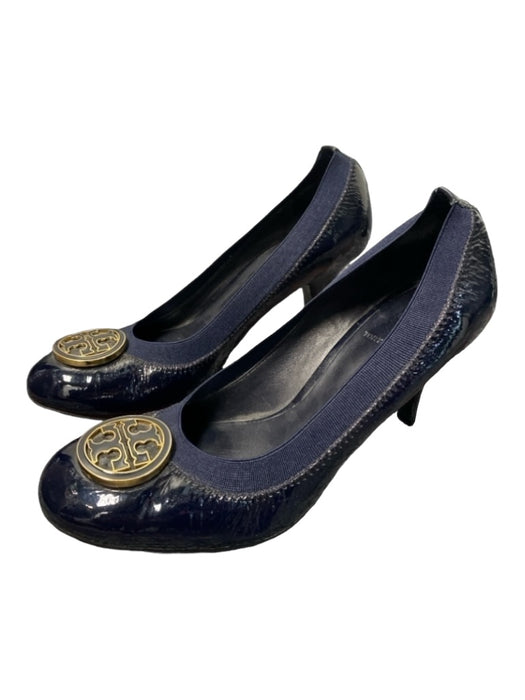 Tory Burch Shoe Size 7 Black & Navy Patent Leather Stretch Logo Round Toe Shoes Black & Navy / 7