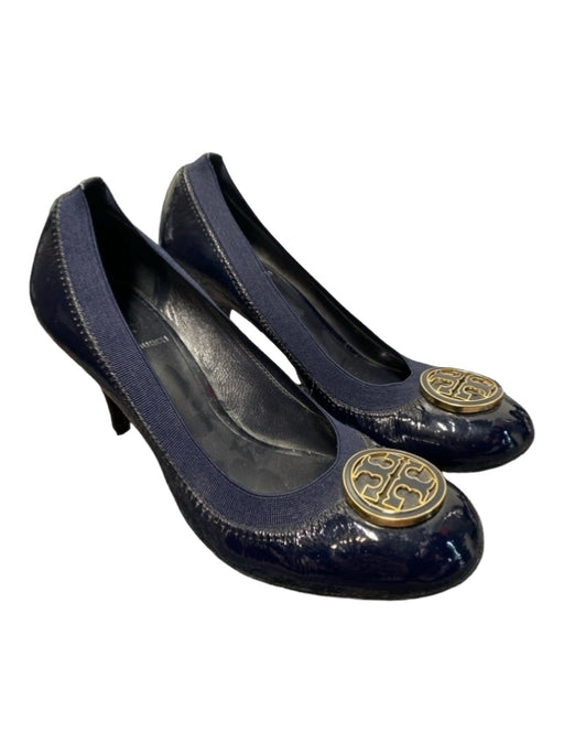 Tory Burch Shoe Size 7 Black & Navy Patent Leather Stretch Logo Round Toe Shoes Black & Navy / 7