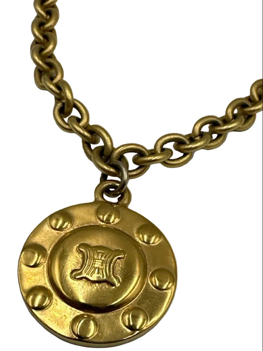 Celine Gold Metal Chain Logo Pendant Necklace