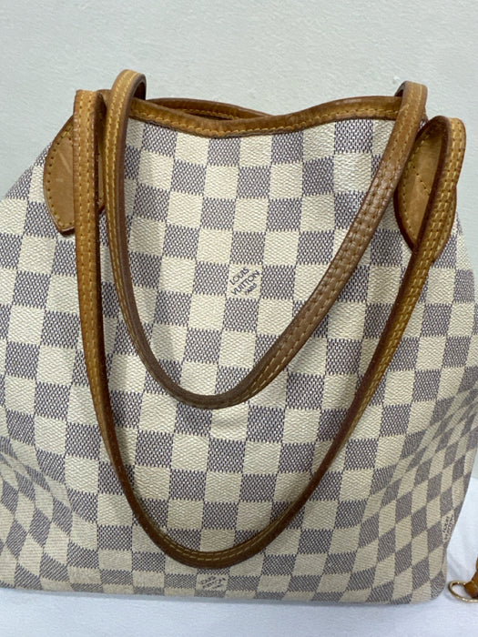 Louis Vuitton Cream, Blue, Brown Coated Canvas Top Handle Checkered Tote Bag