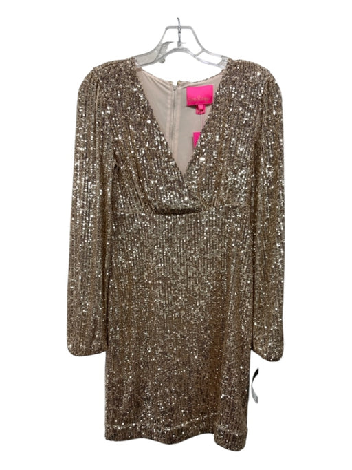 Lilly Pulitzer Size 0 Gold Polyester Sequined Surplice Back Zip Dress Gold / 0