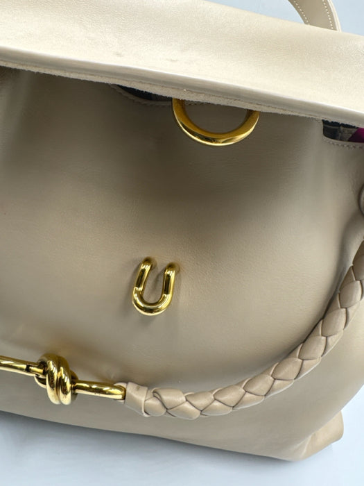 Bottega Veneta Beige Leather Gold Tone Hardware Flap Braided Detail Shoulder Bag