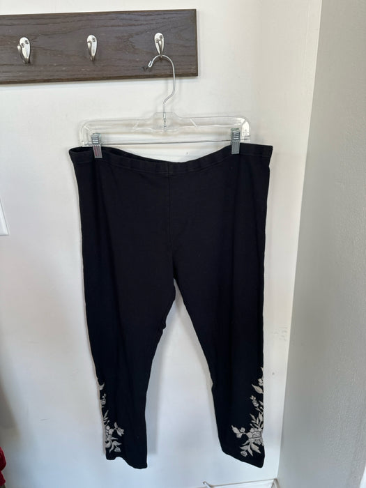 Johnny Was Size XL Black & Cream Cotton Blend Elastic Waist Embroidered Pants