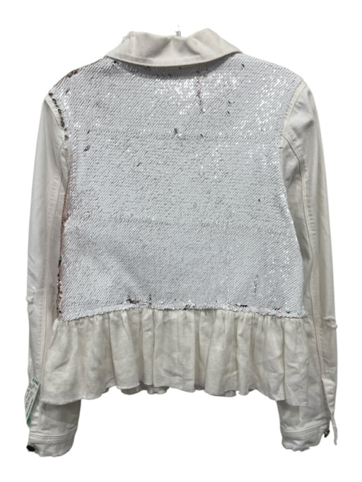Romi Basha Size M White Cotton Denim Long Sleeve Distressed Sequin Jacket White / M