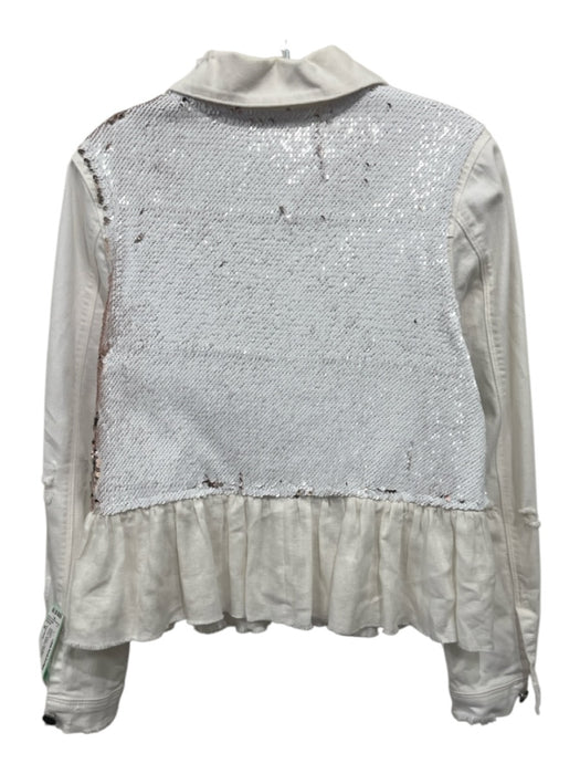 Romi Basha Size M White Cotton Denim Long Sleeve Distressed Sequin Jacket White / M