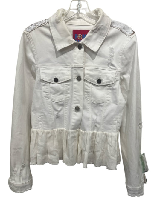 Romi Basha Size M White Cotton Denim Long Sleeve Distressed Sequin Jacket White / M