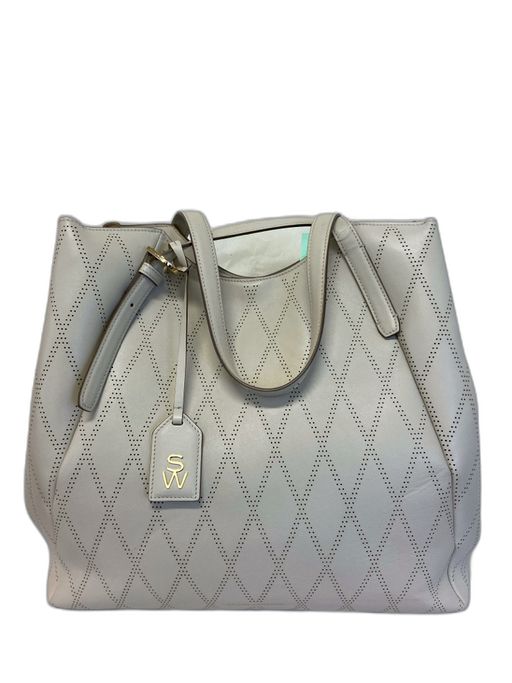 Stuart Weitzman Cream Beige Leather Perforated Gold Tone Hardware Tote Bag Cream Beige