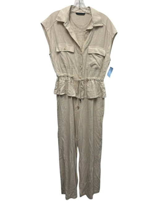 Zara Size M Beige Viscose Blend Sleeveless Speckled Drawstring Waist Jumpsuit Beige / M