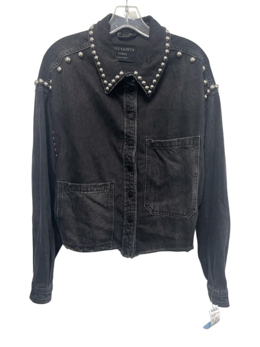All Saints Size XS Black Cotton Denim Studded Raw Hem Jacket Black / XS