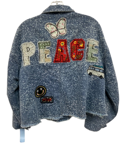 PoL Size S Blue & Multi Cotton Denim Speckled Applique Zip Up Jacket Blue & Multi / S