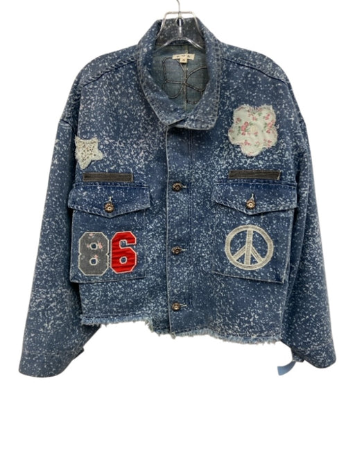 PoL Size S Blue & Multi Cotton Denim Speckled Applique Zip Up Jacket Blue & Multi / S